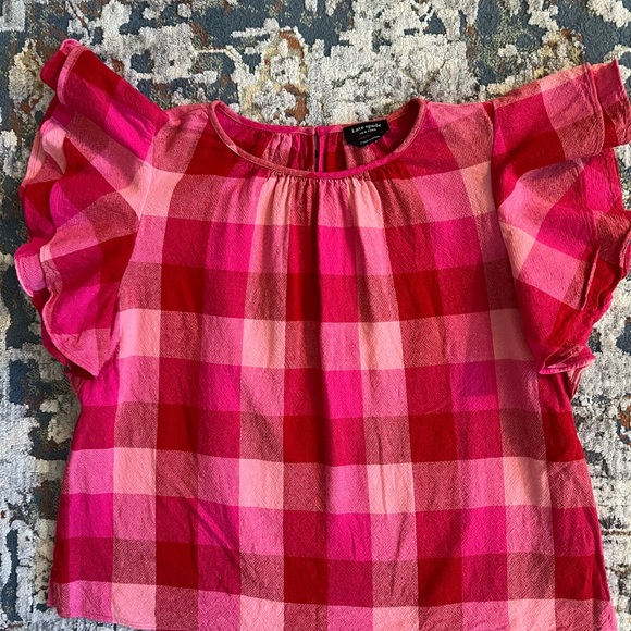 KATE SPADE PICNIC WOVEN FLUTTER-SLEEVE TOP LINEN BLEND DEEP HIBISCUS MULTI  L - Picture 9 of 15